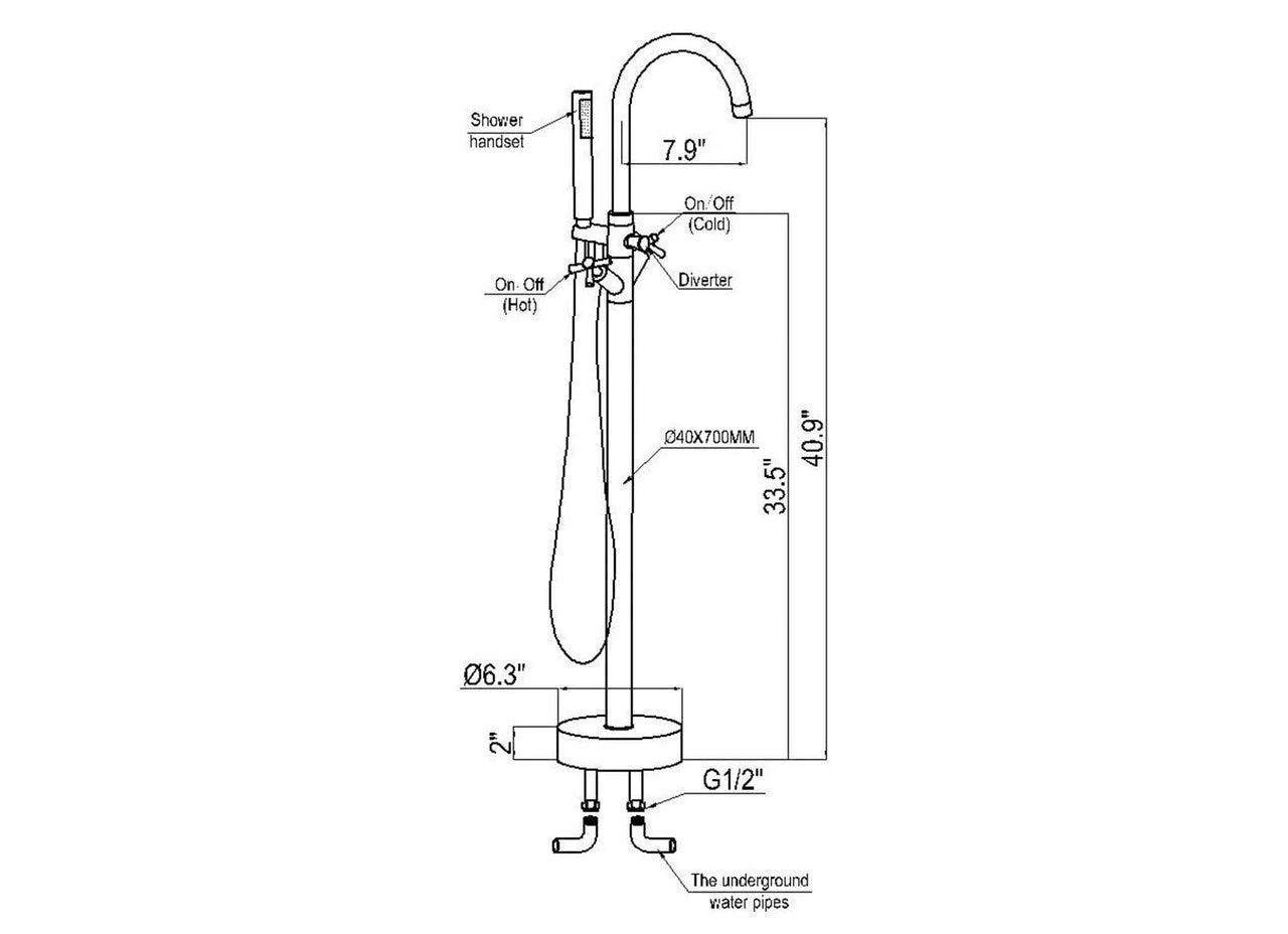 MTD Vanities Eilat 2009 Double Handle Floor Mount Tub Filler With Hand Shower 4 MTD Vanities Eilat 2009 Double Handle Floor Mount Tub Filler With Hand Shower - Image 4