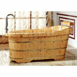 Alfi Brand AB1139 61" Free Standing Cedar Wooden Bathtub With Fixtures & Headrest