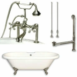 Cambridge Plumbing ADE-463D-6-PKG Acrylic Double Ended Clawfoot Bathtub 70" X 30" With 7" Deck Mount Faucet Drillings And Complete Plumbing Package