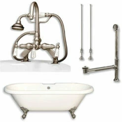 Cambridge Plumbing Acrylic Double Ended Clawfoot Bathtub 70" X 30" With 7" Deck Mount Faucet Drillings And Complete Plumbing Package