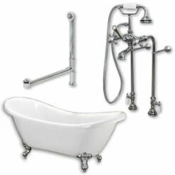Cambridge Plumbing ADES-398463-PKG-CP-NH Acrylic Double Ended Slipper Bathtub 68" By 28" No Faucet Drillings - Polished Chrome Plumbing Package