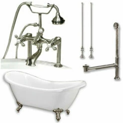 Cambridge Plumbing ADES-463D-6-PKG-BN-7DH Acrylic Double Ended Clawfoot Bathtub 68" X 28" No Faucet Drillings Complete Brushed Nickel Plumbing Package
