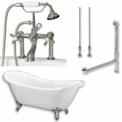 Cambridge Plumbing ADES-463D-6-PKG-CP-7DH Acrylic Double Ended Slipper Bathtub 68" X 28" With 7" Faucet Drillings And Polished Chrome Plumbing Package