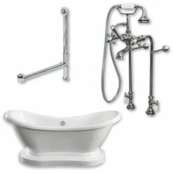 Cambridge Plumbing ADES-PED-398463-PKG-CP-NH Acrylic Double Ended Pedestal Slipper Bathtub 68" X 28" No Faucet Drillings And Chrome Plumbing Package