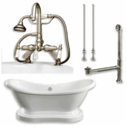 Cambridge Plumbing Acrylic Double Ended Pedestal Slipper Bathtub 68" X 28" With 7" Deck Mount Faucet Drillings And Complete Plumbing Package