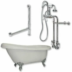 Cambridge Plumbing Acrylic Slipper Bathtub 61" X 28" With No Faucet Drillings And Complete Polished Chrome Plumbing Package