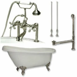 Cambridge Plumbing AST61-463D-6 Acrylic Slipper Bathtub 61" X 28" With 7" Deck Mount Faucet Drillings And Complete Plumbing Package