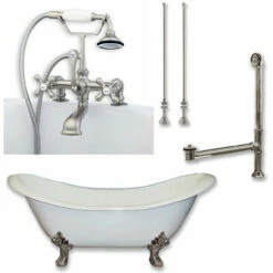 Cambridge Plumbing DES-463D-2-PKG Cast Iron Double Ended Slipper Tub 71" X 30" With 7" Deck Mount Faucet Drillings And Complete Plumbing Package