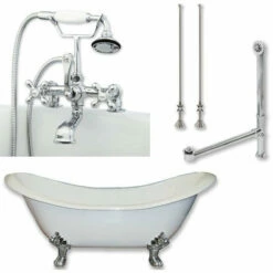 Cambridge Plumbing DES-463D-2-PKG Cast Iron Double Ended Slipper Tub 71" X 30" With 7" Deck Mount Faucet Drillings And Complete Plumbing Package -Hansgrohe Shop DES 463D 2 PKG CP 7DH