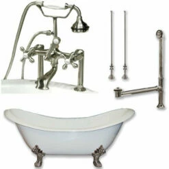Cambridge Plumbing DES-463D-6-PKG Cast Iron Double Ended Slipper Tub 71" By 30" With 7" Deck Mount Faucet Drillings And Faucet Complete Package
