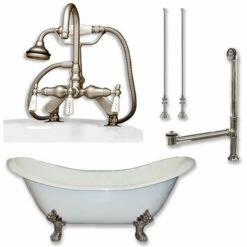 Cambridge Plumbing DES-684D-PKG Cast Iron Double Ended Slipper Tub 71" X 30" With 7" Deck Mount Faucet Drillings And Faucet Complete Plumbing Package