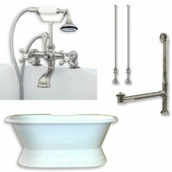 Cambridge Plumbing DES-PED-463D-2-PKG Cast Iron Double Ended Slipper Tub 71" X 30" With 7" Deck Mount Faucet Drillings And Complete Plumbing Package
