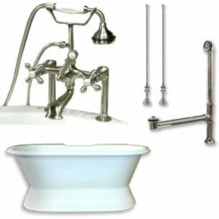Cambridge Plumbing DES-PED-463D-6-PKG Cast Iron Double Ended Slipper Tub 71"X 30" With 7" Drillings And Faucet - Plumbing Package - Deck Mount Risers