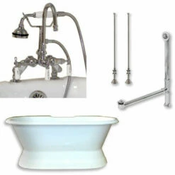 Cambridge Plumbing DES-PED-684D-PKG Cast Iron Double Ended Slipper Tub 71" X 30" With 7" Deck Mount Faucet Drillings And Faucet Plumbing Package