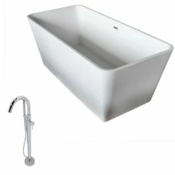 ANZZI Cenere Series 4.9 Ft. Man-Made Stone Classic Freestanding Flatbottom Non-Whirlpool Bathtub In Matte White With Freestanding Faucet