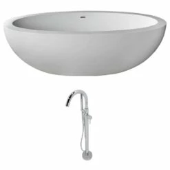 ANZZI Lusso Series 6.3 Ft. Man-Made Stone Classic Freestanding Flatbottom Non-Whirlpool Bathtub In Matte White With Freestanding Faucet