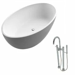 ANZZI Cestino Series 5.5 Ft. Man-Made Stone Classic Freestanding Flatbottom Non-Whirlpool Bathtub In Matte White With Freestanding Faucet -Hansgrohe Shop FT510 0027