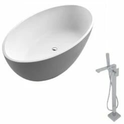 ANZZI Cestino Series 5.5 Ft. Man-Made Stone Classic Freestanding Flatbottom Non-Whirlpool Bathtub In Matte White With Freestanding Faucet -Hansgrohe Shop FT510 0028