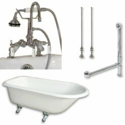 Cambridge Plumbing Cast-Iron Rolled Rim Clawfoot Tub 55" By 30" With 7" Deck Mount Faucet Drillings And Faucet Great Polished Chrome Plumbing Package