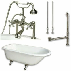 Cambridge Plumbing Cast-Iron Rolled Rim Clawfoot Tub 61" By 30" With 7" Deck Mount Faucet Drillings And Faucet Plumbing Package With Deck Mount Risers