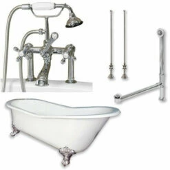 Cambridge Plumbing Cast Iron Slipper Clawfoot Tub 61" X 30" With 7" Deck Mount Faucet Drillings And Faucet Complete Plumbing Package Deck Mount Risers -Hansgrohe Shop ST61 463D 6 PKG CP 7DH