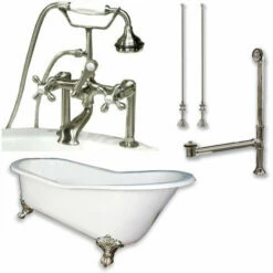 Cambridge Plumbing Cast Iron Slipper Clawfoot Tub 67" By 30" With 7" Deck Mount Faucet Drillings And Faucet Great Plumbing Package Deck Mount Risers