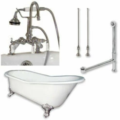 Cambridge Plumbing Cast Iron Slipper Clawfoot Tub 67" By 30" With 7" Deck Mount Faucet Drillings And Faucet Complete Polished Chrome Plumbing Package