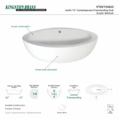 Kingston Brass Aqua Eden VTOV733623 73-Inch Acrylic Double Ended Freestanding Tub With Drain, White -Hansgrohe Shop VTOV733623 IN1
